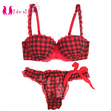 Mierside Sexy Red Plaid Printed Bra red/purple color  sexy lingerie with beautiful bow  Push Up Women Bra Set B/C  32-38 2024 - buy cheap