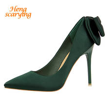 HENGSCARYING Women Luxury Design 10cm High Heels Bridal Butterfly-knot Satin Pumps Ladies Pointed Toe Green Heels Female Shoes 2024 - buy cheap