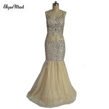 Mermaid Scoop Chiffon Champagne Sweep Real Photo Beaded Spaghetti Strap Evening Formal Gown Dresses 2024 - buy cheap