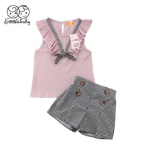 2018 conjunto de ropa elegante para niñas, camisetas de verano sin mangas con volantes y lazo, pantalones cortos de cuadros, traje de fiesta de princesa, 2 uds. 2-7T 2024 - compra barato