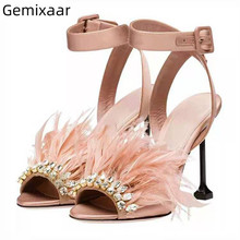 Ankle Strappy Luxury Satin Sandalias Mujer Goblet Heel Peep Toe Jeweled Feather 2020 Summer Gladiator Sandals Women 2024 - buy cheap