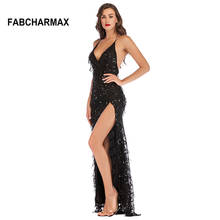 women sequin black maxi dress V neck high slit sexy backless evening party club long dresses gowns strappy tassel sequin dresses 2024 - buy cheap