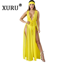 XURU Verão Nova das Mulheres Vestido de Chiffon Sexy Longo Dividir Vestido Vestido de Praia Preto Vinho Vermelho Azul Amarelo Rosa Vermelha 2024 - compre barato