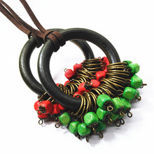 Green Red Beads Fashion Collar Round Wood Vintage Charms Pendant Leather Pendants Necklace Women Sweater Chain Jewelry 2024 - buy cheap