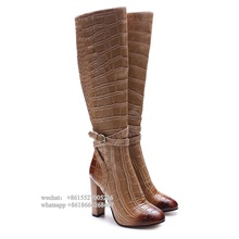 Fashion Square Heeled Brown Crocodile Pattern Leather Round Toe Ankle Wrap Straps Women Knee Boots High Heel Winter Buckle Shoes 2024 - buy cheap