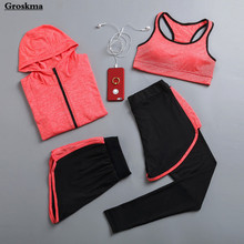 Conjunto de 4 piezas de ropa deportiva para mujer, Abrigo con capucha, sujetador sexy, pantalones cortos y ropa de yoga, chándal de secado rápido para gimnasio y otoño 2024 - compra barato