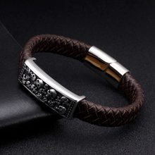 Vintage Skeleton Genuine Leather Men Male Sporty Charm Bangles Stainless Steel Chain Link Cuff Fashion Bracelets Pulseira 2024 - buy cheap