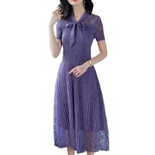 Women Summer Dress 2019 New Long Party Bodycon Pleated Solid Color Lace Purple Bow Fashion V-neck Sundress Female Vestidos HJ253 2024 - buy cheap