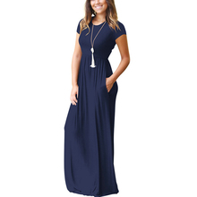 Women Short Sleeved Pockets Dress Solid O-Neck Summer Maxi Long Dresses Casual Simple Loose Large Size Party Elegant Ladies Blue 2024 - buy cheap