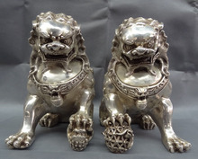 10" Chinese Silver Treasure Fu Dog Brass FengShui Lion Ball Animals Lion pair statues Decoration 100% real Tibetan Silver Brass 2024 - buy cheap