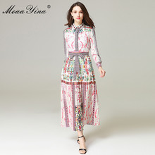 MoaaYina High Quality Designer Fashion Runway Maxi Dress Women's Long sleeve Pattern Printed Sashes Elegant Pleated Long Dress 2024 - buy cheap