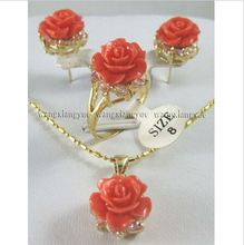 12MM Pink Coral Carved Flower Earrings Ring Necklace Pendant set ^^^@^NEW style Fine jewe Noble Natural Natural FREE SHIPPING 2024 - buy cheap