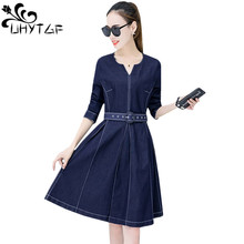 UHYTGF New long-sleeved V-neck primavera denim cinto vestido fino das mulheres plus size vestido bordado temperamento feminino Mini vestidos 1250 2024 - compre barato