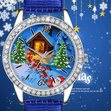 Relógio feminino relógio de natal do miúdo dos homens presente papai noel padrão pulseira de couro analógico quartzo vogue relógios montre femme # w 2024 - compre barato
