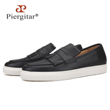 Piergitar 2019 Handcrafted black colors Genuine Leather Men sneakers white bottom men's casual shoes leather insole men loafers 2024 - buy cheap