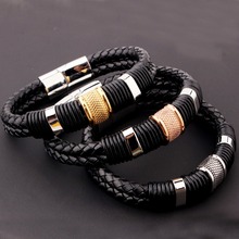 Pulsera de cuero para hombre y mujer, brazalete de acero inoxidable, Color plateado/dorado/rosa, joyería, Color negro, 8,46'' 2024 - compra barato