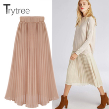 Trytree Summer Autumn Pleated Skirt Womens Polyester 4 colours Solid Skirt Mid-Calf Skirts Elastic Waist A-Line Skirt Female 2024 - buy cheap