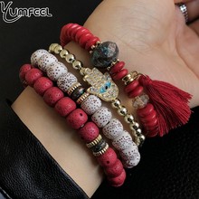 Yumfeel pulseira com múltiplas camadas estilo boho, feminina, vintage, pedra de resina, pulseira e cordão étnico 2024 - compre barato