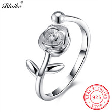 Blaike 100% sólido s925 prata esterlina anel feminino rosa flor folha charme abertura anéis de casamento para meninas jóias ajustáveis 2024 - compre barato