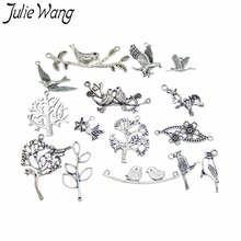 Julie Wang-abalorios de 15 Uds de rama de árbol, pájaro mezclado, flores, aleación Vintage, Color plata antigua, accesorio de joyería de colgantes 2024 - compra barato