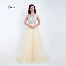 Finove Prom Dress 2019 New Arrivals A-Line Style Candy Yellow Sexy Halter Backless Luxury Crystals Tulle Party Gowns Plus Size 2024 - buy cheap