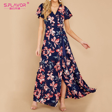 S.FLAVOR Womens short Sleeve Side Split Long Dress Summer Sexy V-neck Beach Dresses Bohemian Women printing Party Vestidos De 2024 - buy cheap