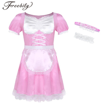 3Pcs Mens Sissy Maid Uniform Fancy Dress Costume Outfit Short Sleeve Satin Dress with Choker and Headband Sexy Costumes 2024 - buy cheap