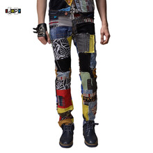 Idopy Men`s Punk Style Denim Jeans Designer Straight Patchwork American and European Gothic Patterned Biker Jeans For Male 2024 - buy cheap