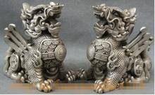 YM  306  Chinese Silver Temple Guard Exorcise Evil Spirits Dragon Kylin Lion Statue Pair 2024 - buy cheap