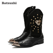 Batzuzhi Western Cowboy Men's Boots Mid-Calf Leather Boots for Men Rock Metal Pointed Toe Black Motocycle Short Boots Male Botas 2024 - buy cheap
