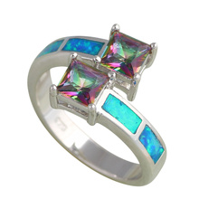 Appealing two Rainbow Zircon squares design Blue fire Opal Silver Stamped fashion jewelry Rings for women USA sz #6#7#8#9 OR646A 2024 - buy cheap