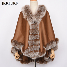 New Women's Luxury Real Fur Poncho Genuine Fox Fur Collar Trim & Wool Cashmere Cape Fashion Style Winter Warm Fluffy Fur S7446 2024 - buy cheap