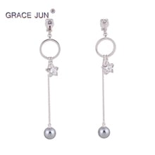 GRACE JUN Women's Cubic Zircon Simulated Pearl Five-pointed Circle Clip on Earrings No Pierced High Quality Long Tassel Earrings 2024 - buy cheap