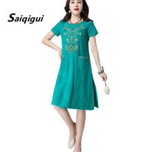 Saiqigui 2019 Short sleeve O-Neck cotton Linen dress casual loose Summer dress Embroidery Pockets women dress vestidos de festa 2024 - buy cheap