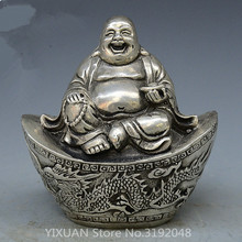Estatua China budista miao risa feliz de Maitreya plata Buda fengshui Yuanbao riqueza metal artesanía. 2024 - compra barato