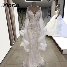 Arabic Long Beading Wedding Dresses 2019 Elegant Feathers Mermaid Crystal Wedding Dress Kaftans Turkish V Neck Lace Bridal Gowns 2024 - buy cheap