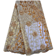 Tela de encaje de tul bordado con flor 3D africana con perlas tela de encaje africano 2018 oro francés tela de encaje de alta calidad S1392 2024 - compra barato