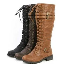 Sexy Lace Up Knee High Boots Women Fashion Boots Flats Shoes Woman Square Heel Rubber Flock Boots Botas Winter Buckle Size 43 2024 - buy cheap