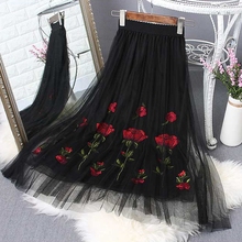 TingYiLi Floral Embroidery Tulle Skirts Womens Long Skirt Summer Elegant White Black Pleated Skirt 2024 - buy cheap