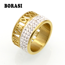 12 мм. ширина, 3 ряда кристаллов, кольца для женщин, модное кольцо, с выбитыми римскими цифрами, фирменное ювелирное изделие, позолота, кольцо из нержавеющей стали 2024 - купить недорого