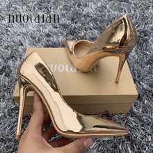 Sapatos femininos estilosos de salto alto, couro envernizado dourado, sexy, stilettos femininos, 12cm/10cm/8cm, bico ponteagudo, 2019 2024 - compre barato