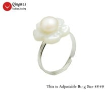 Qingmos-Anillo de perlas blancas naturales para mujer, con flor de concha blanca y anillo de perlas planas de 7-8mm, ajustable con, joyería rin38 2024 - compra barato