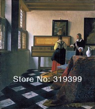 Johannes Vermeer 100% handmade Canvas Oil Painting Reproduction,A Lady at the Virginals with a Gentleman ,Free FAST Shipping 2024 - buy cheap