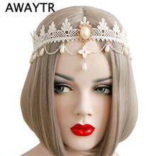 AWAYTR Women Crown Headband Bridal White Flower Lace Love Cross Pearl Drop Headbands Crystal Headpiece Elastic Hairband 2024 - buy cheap