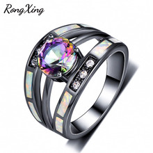 RongXing-anillo hueco de doble fila para mujer, sortija con ópalo de fuego blanco, piedra de nacimiento, redondo, Multicolor, circonita, Oro Negro, lleno de arcoíris, RB1419 2024 - compra barato