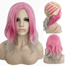 High Quality Medium Long Wavy Pink Silver Grey Ombre Cosplay Wig Synthetic Hair Halloween Costume Party Wigs For Women + Wig Cap 2024 - buy cheap