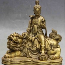 YM  324  Chinese Brass Copper Samantabhadra Bodhisattva Kwan Yin Sit Foo Dog lion Statue 2024 - buy cheap