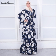 2018 женское темно-синее Макси-платье Турецкая мода мусульманский Дубай цветок абайя с длинным рукавом Повседневный Женский исламский кафтан 2024 - купить недорого