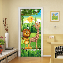 Forest Animal Children Room Bedroom Door Stickers PVC Mural 3D Photo Wallpaper Creative DIY Waterproof Door Sticker Decoration 2024 - buy cheap