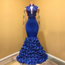 Royal Blue Muslim Evening Dresses Mermaid Long Sleeves Flowers Lace Beaded Dubai Saudi Arabic Long Formal Evening Gown 2024 - buy cheap